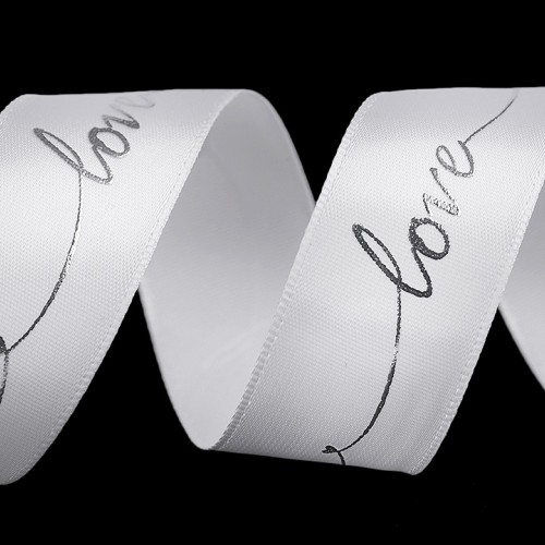 Saténová stuha s metalickou potlačou Love šírka 26 mm13.5 - 13.5m